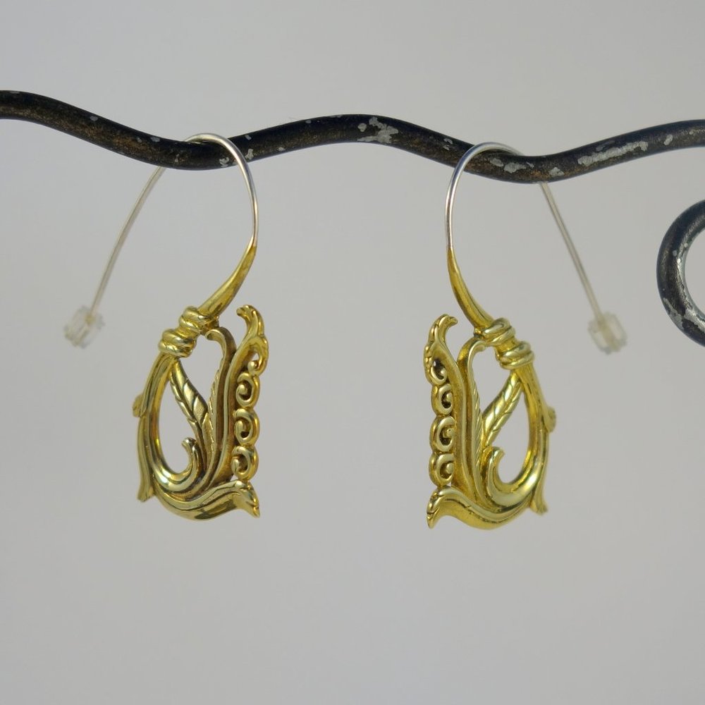 Fiddle Fern Earrings ~ Yellow brass & sterling silver wires